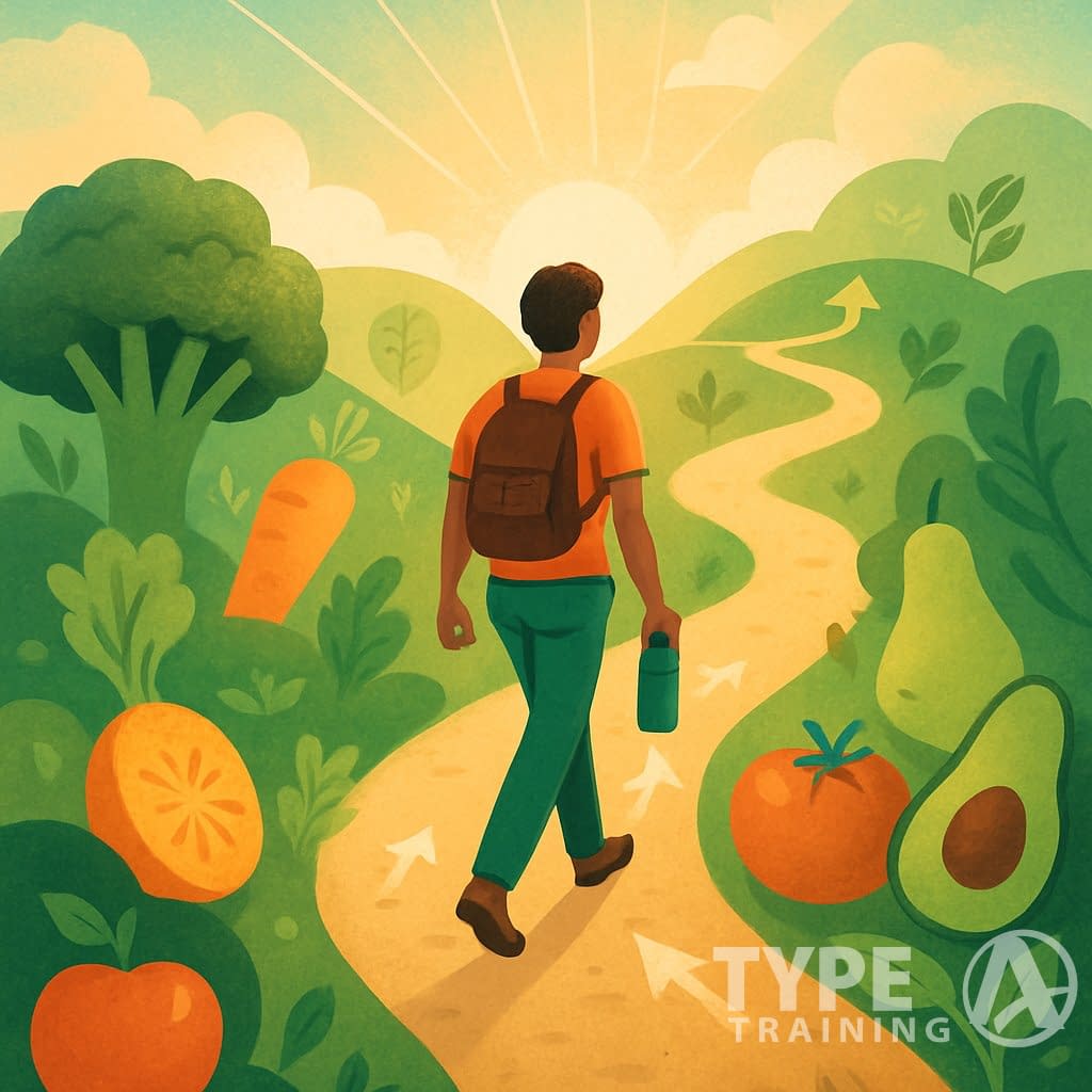 A person standing at the start of a sunlit path surrounded by fruits and vegetables, symbolizing the beginning of a journey toward better nutrition and long-term health.