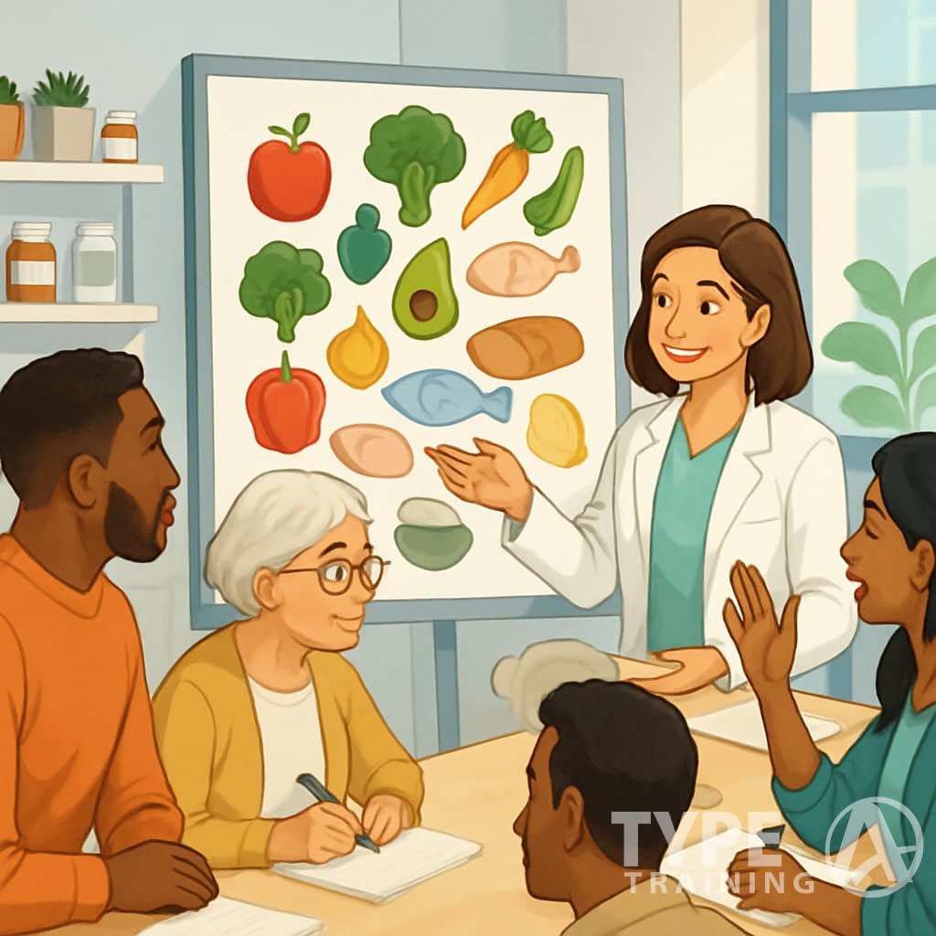 A nutritionist consulting with a diverse group of people around a table with a colorful food infographic in a bright office.