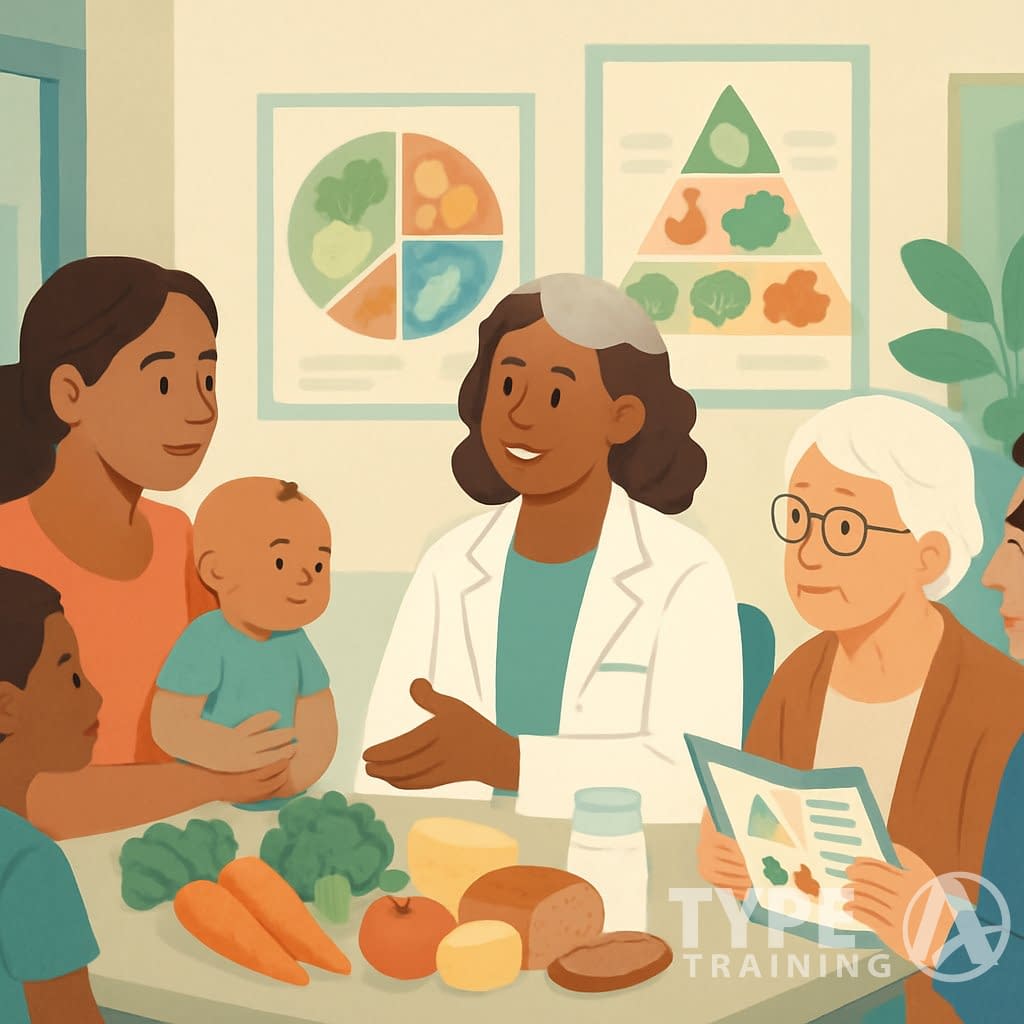 A group of diverse people consulting with a nutritionist in a community health center surrounded by healthy food items and educational materials about nutrition.