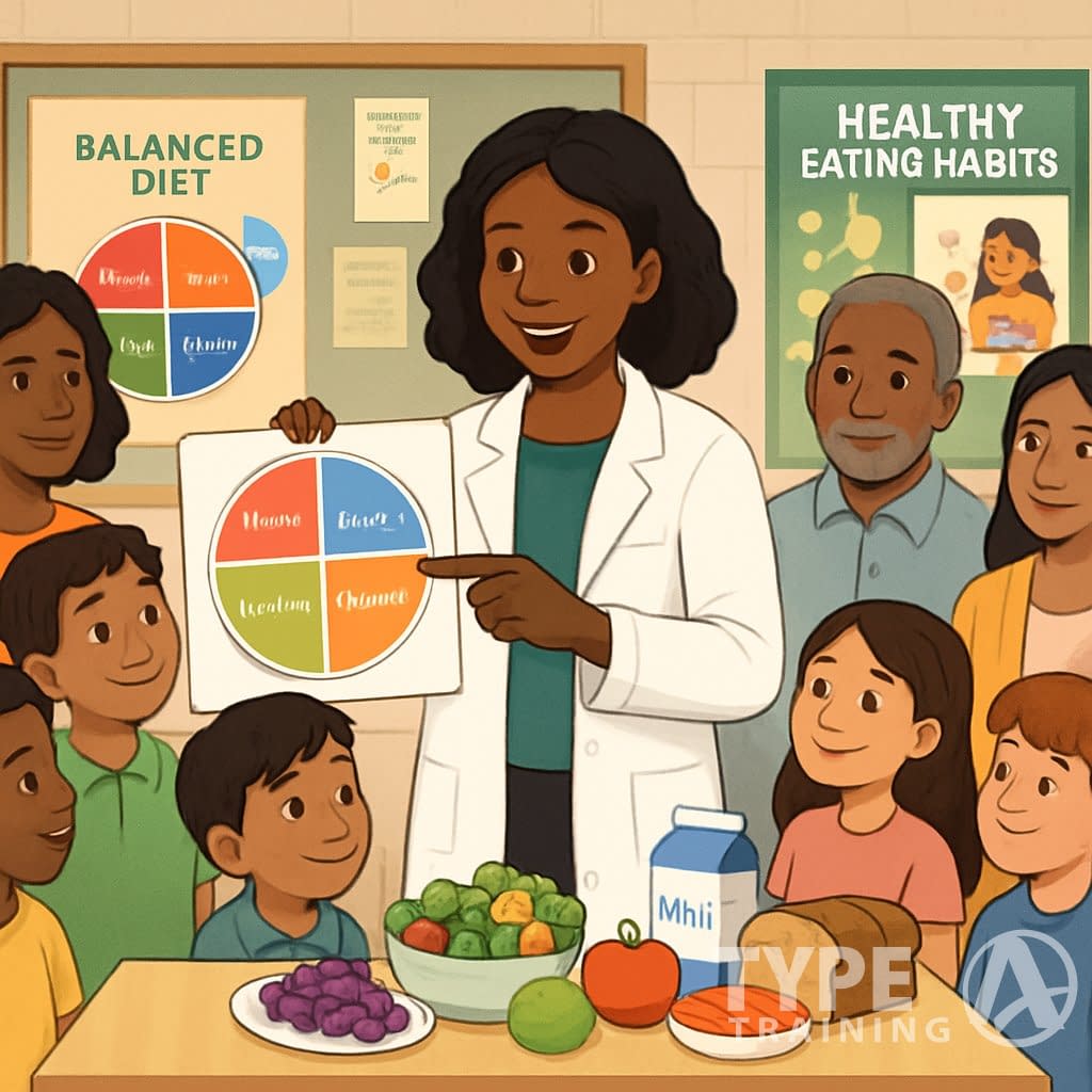 A nutritionist explaining healthy food options to children and community members in a school cafeteria.