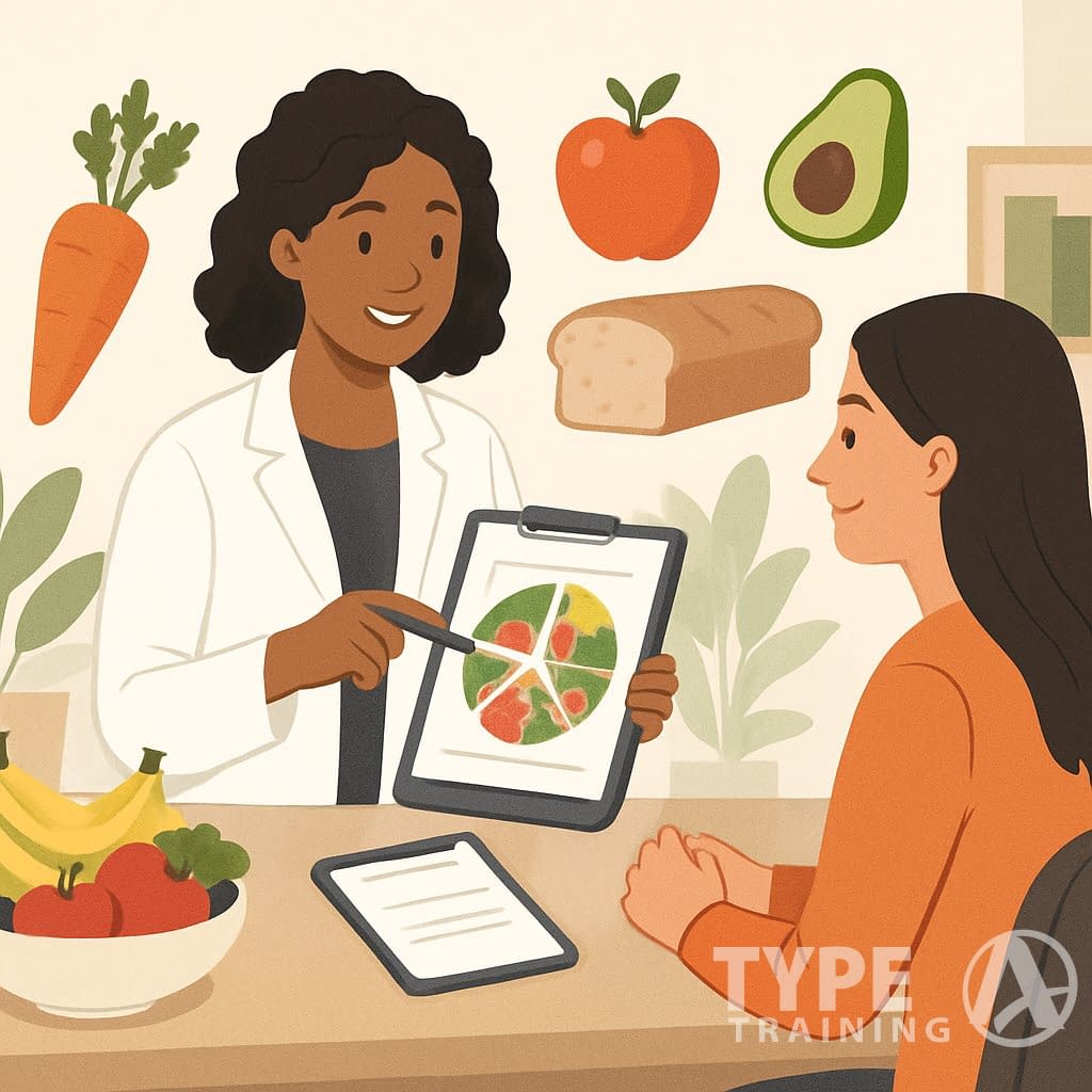 A nutrition coach meeting with a client in a bright office, discussing healthy foods using a food chart.