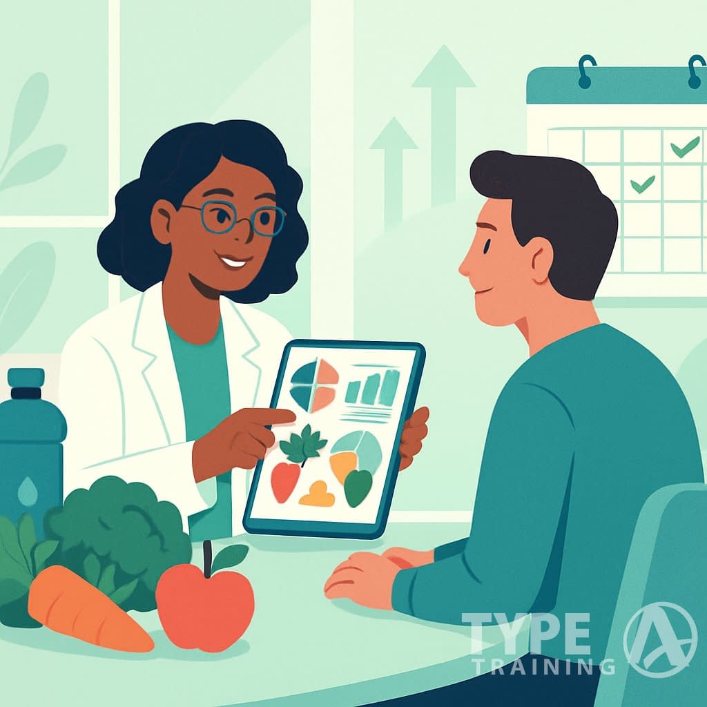 A nutritionist meets with a patient in a bright room, reviewing healthy meal plans on a tablet surrounded by fruits, a water bottle, and a calendar showing follow-up appointments.