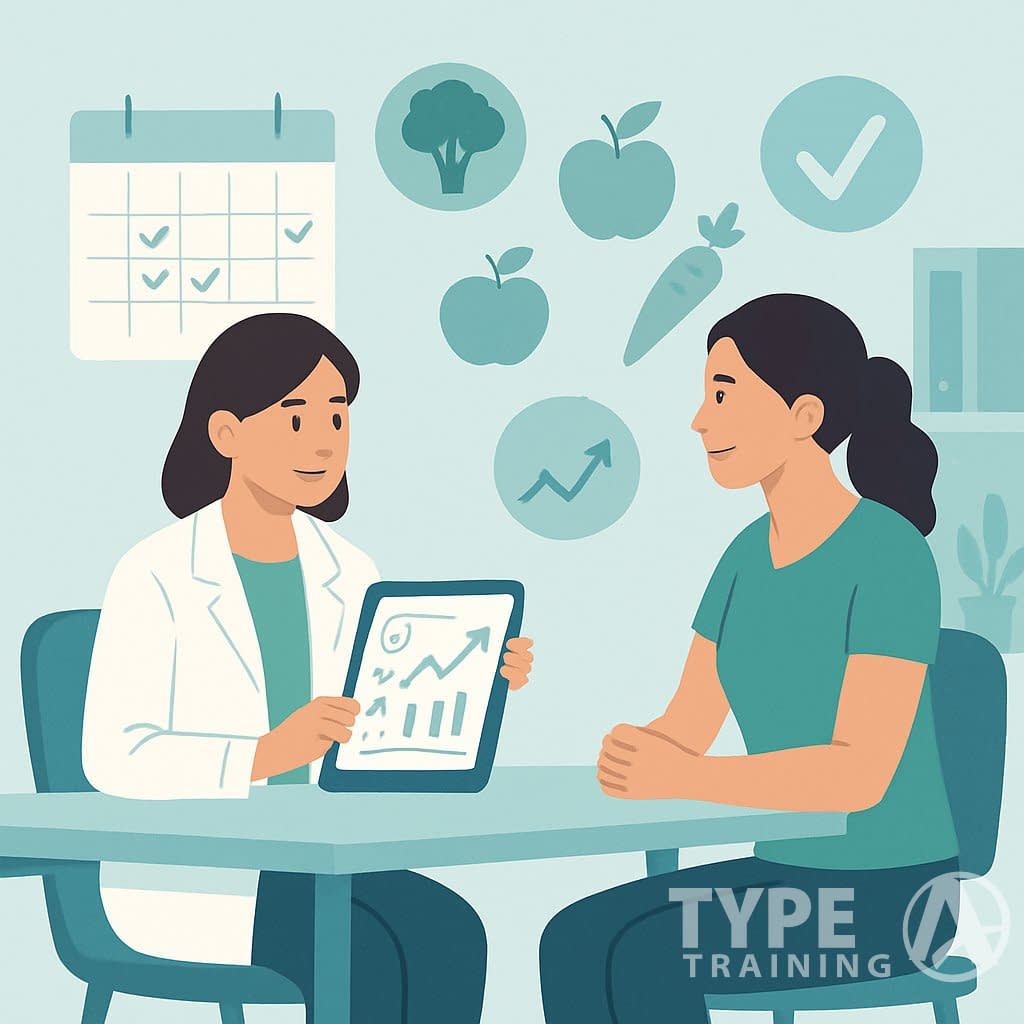 A nutritionist and patient in an office discussing progress with charts and healthy food icons around them, highlighting support and follow-up care.