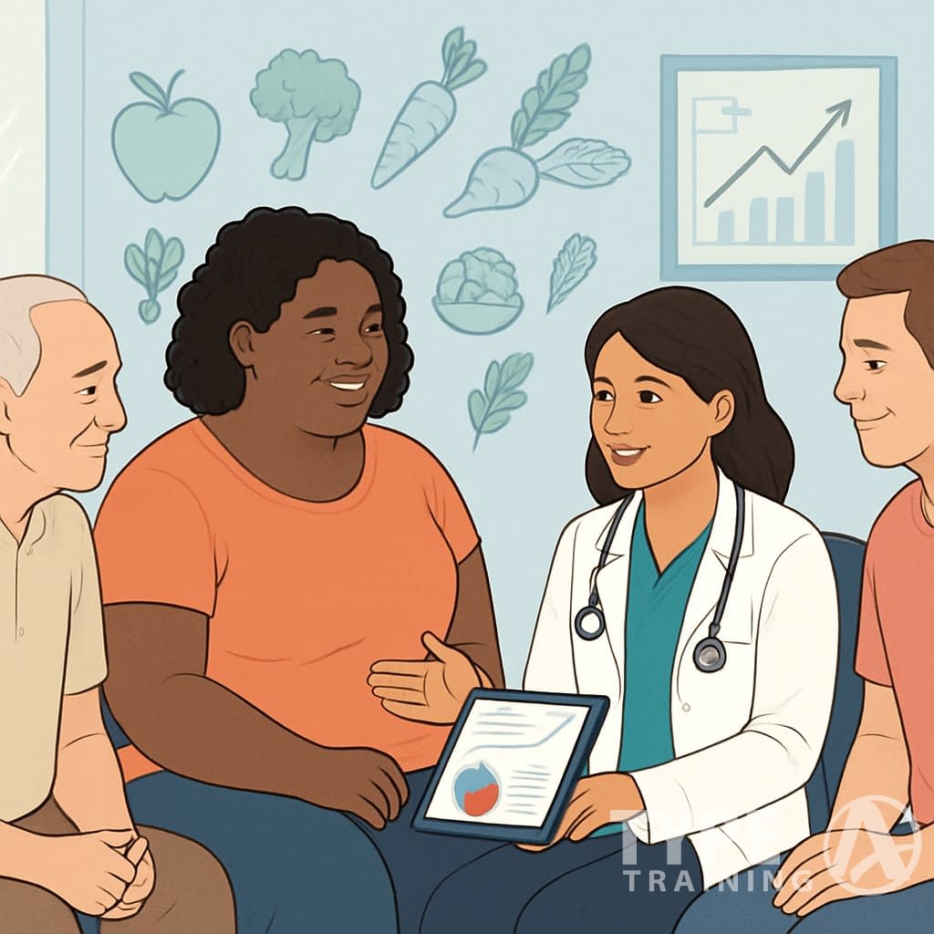 A nutritionist consulting with diverse patients in a clinic, discussing meal plans and progress for weight management and obesity.