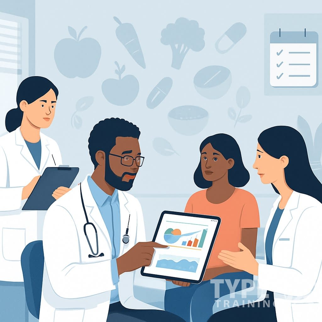 Healthcare professional consulting a patient with digital charts and healthy foods in a clinic setting, symbolizing nutrition monitoring and follow-ups.
