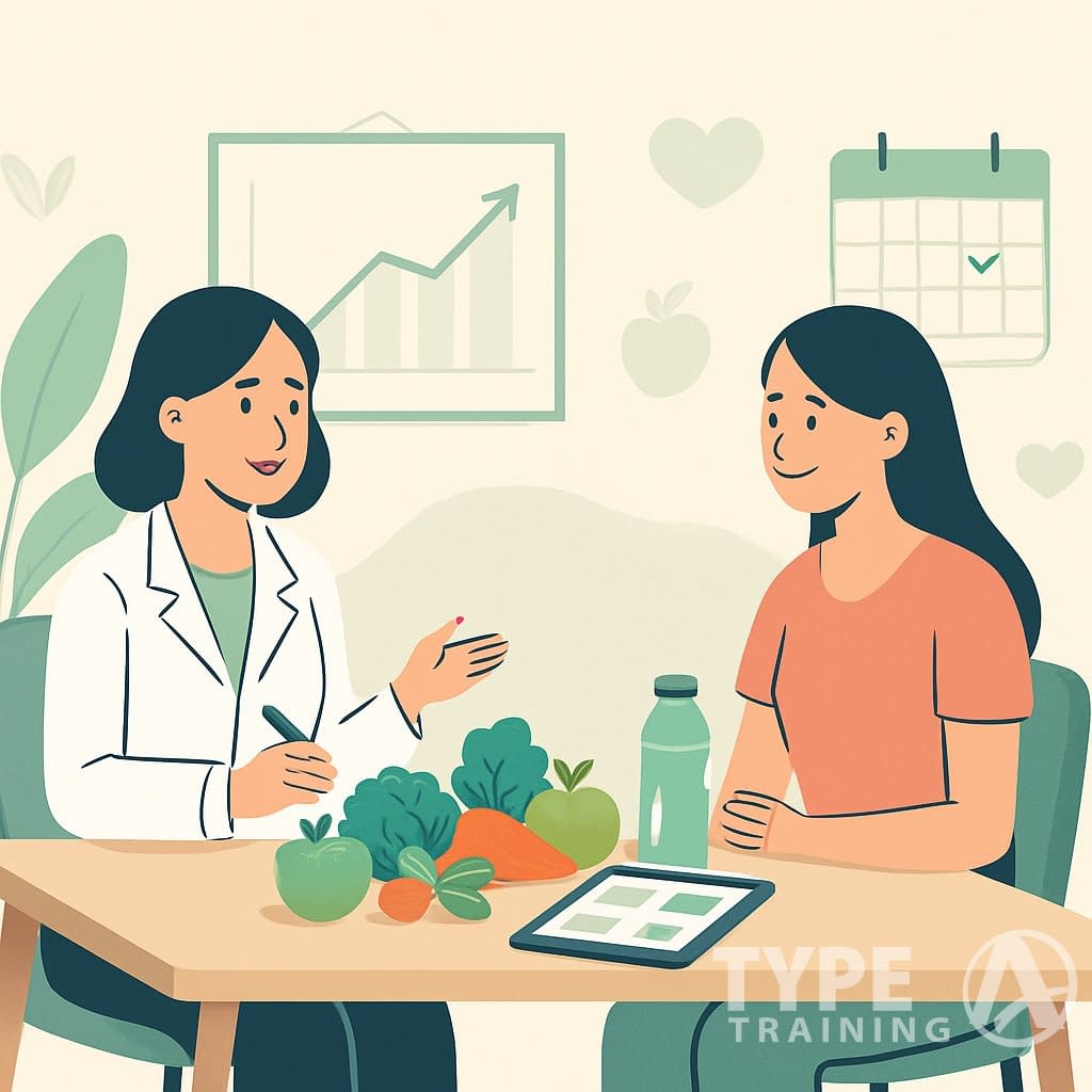 A nutritionist and a patient sitting at a desk with healthy foods and progress charts, discussing nutrition follow-ups in a bright office.