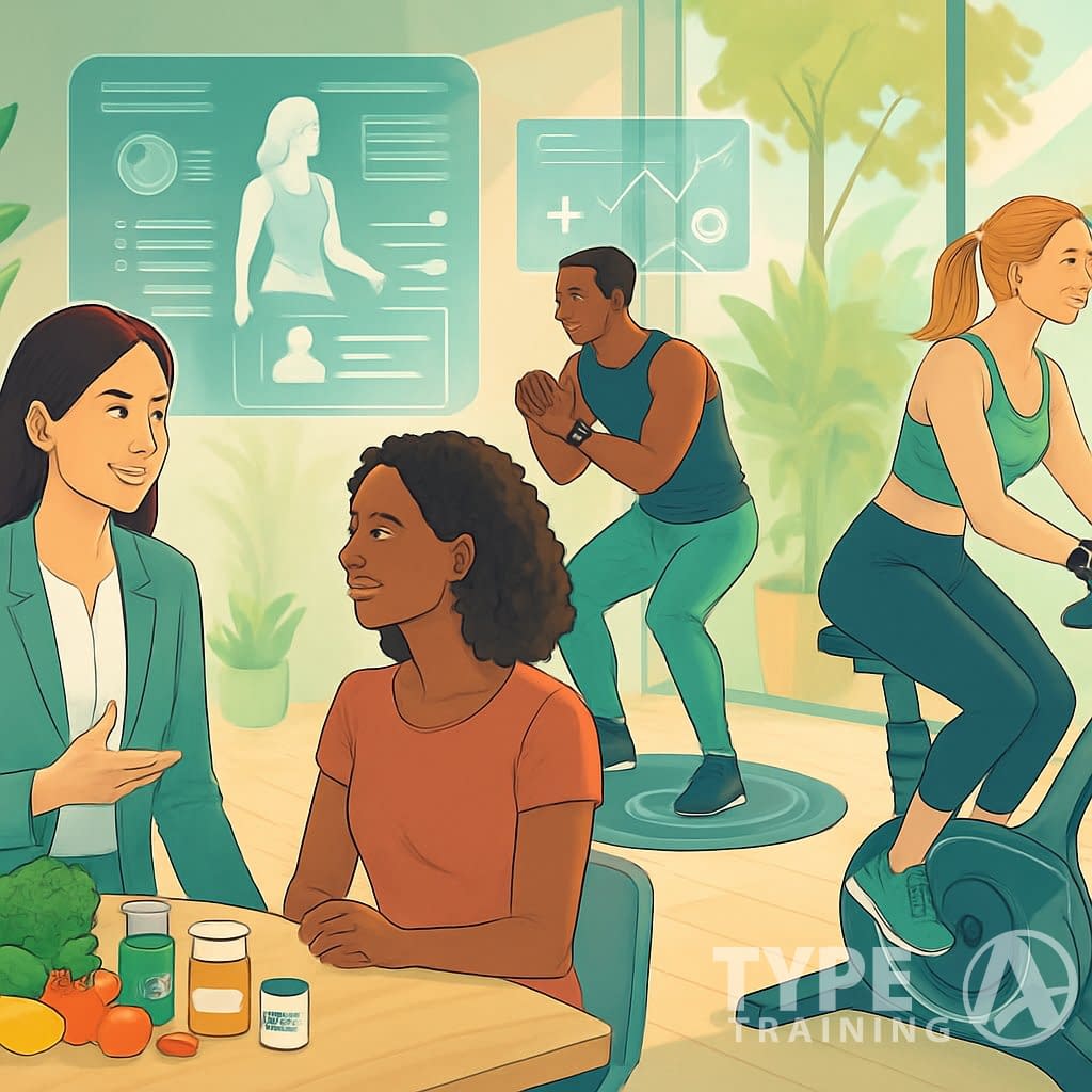 A group of people engaging in nutrition coaching, exercise, and wellness activities in a bright, natural setting with modern fitness equipment and digital health displays.