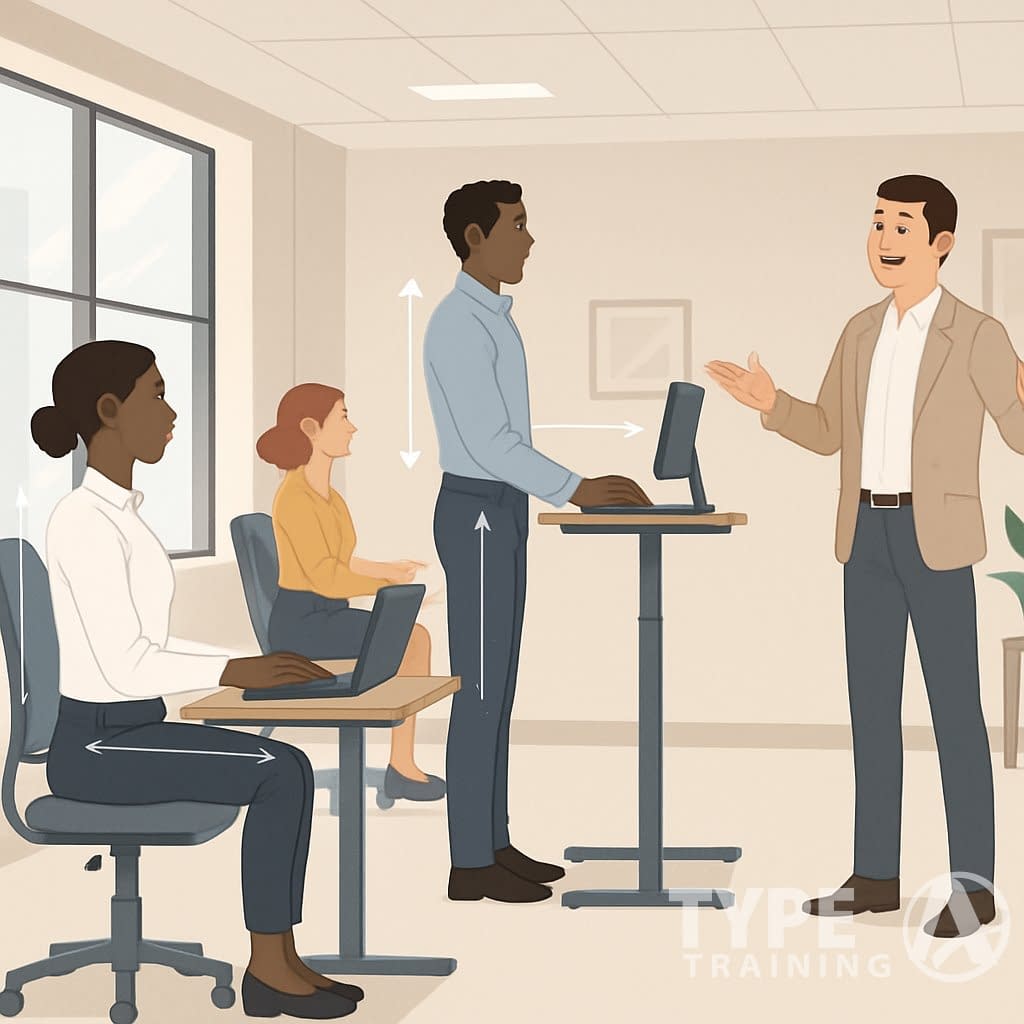 A group of professionals in an office practicing good posture with a coach guiding them.