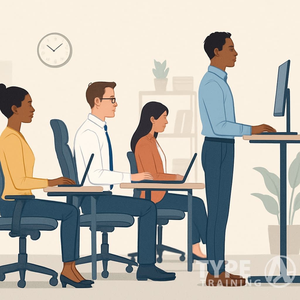 A group of office workers in a modern workspace demonstrating correct sitting and standing posture while working at desks.