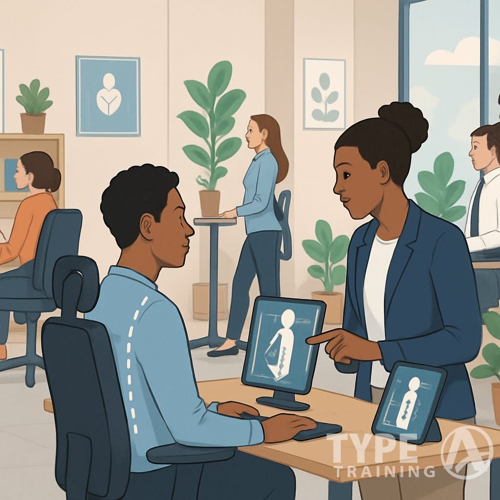 A group of office workers receiving posture training and assessment in a modern workplace setting.