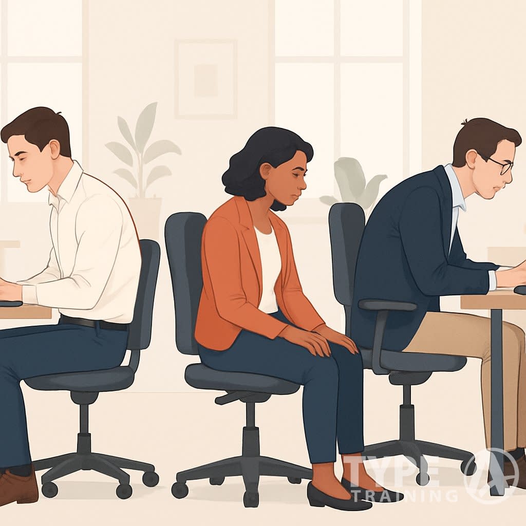 Three office workers sitting at desks with poor posture, including rounded shoulders, slouching, and leaning forward, in a typical office environment.