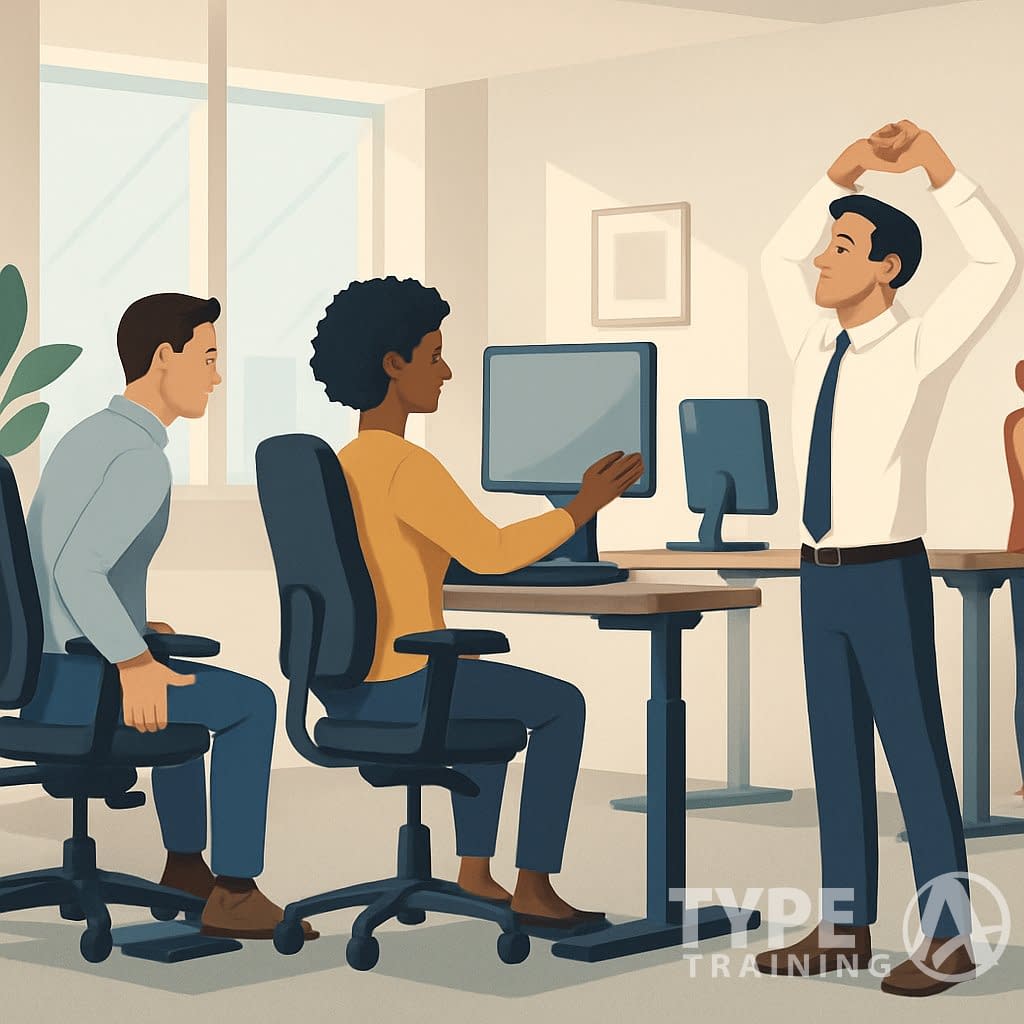 Office workers adjusting their chairs and monitors to maintain good posture in a bright, organized office space.