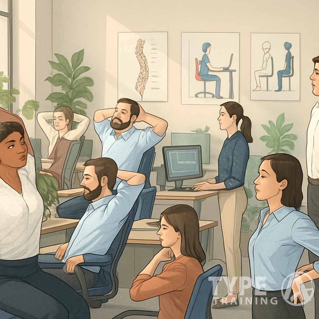 Office workers performing posture exercises and using ergonomic furniture to improve sitting habits in a modern workspace.
