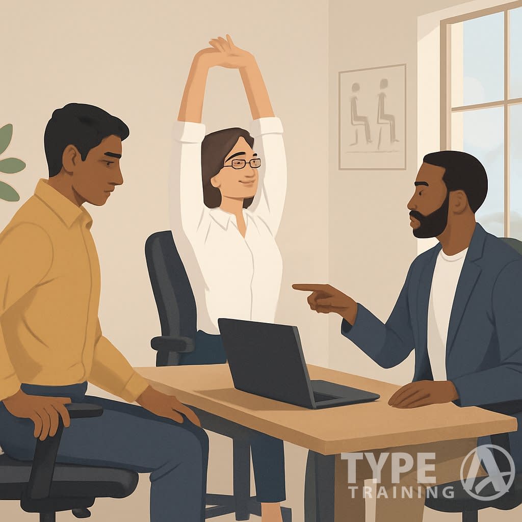 Three professionals in a home office practicing posture exercises around a desk with a laptop and ergonomic chair.