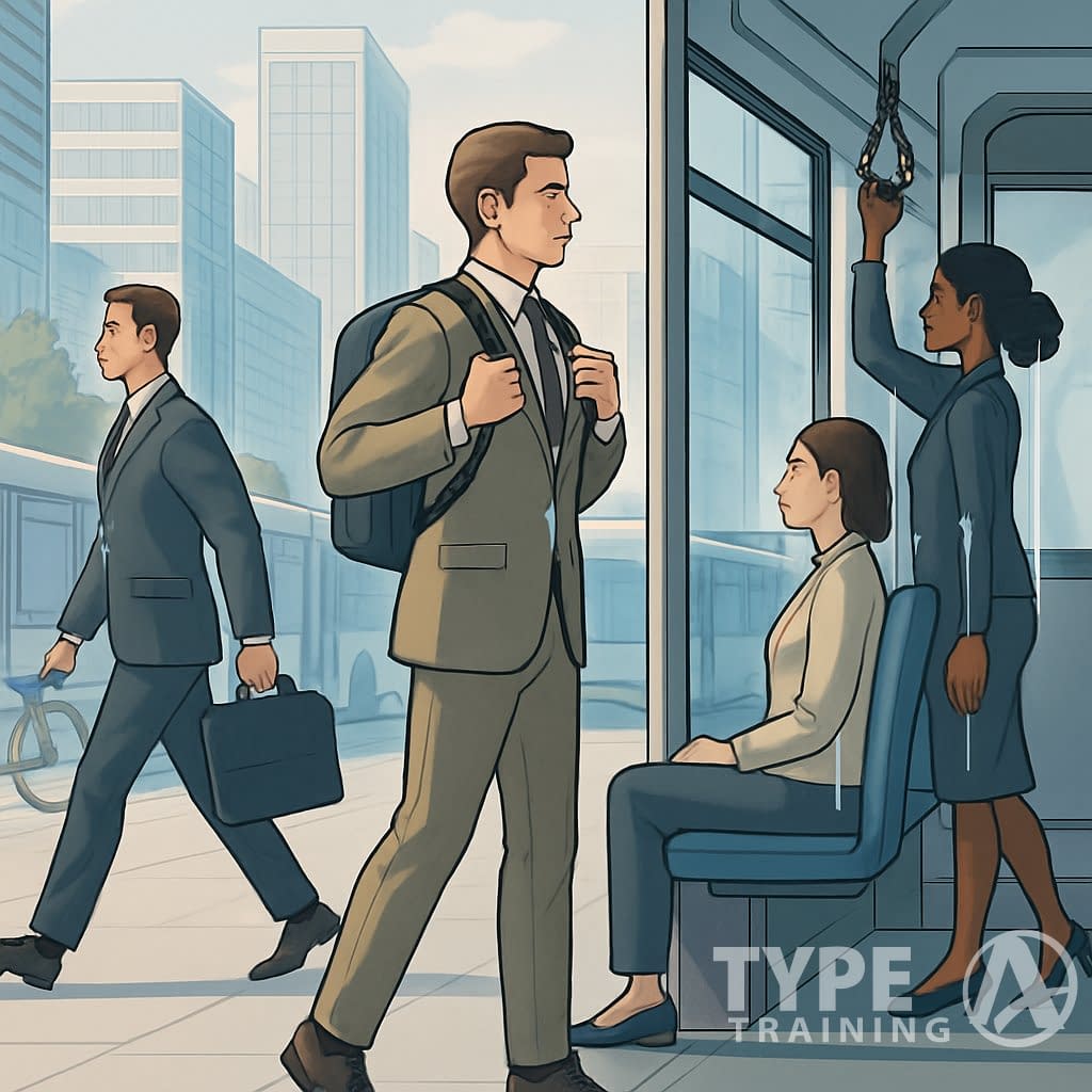 A group of busy professionals commuting in a city, standing and sitting with correct posture while traveling on foot and public transport.