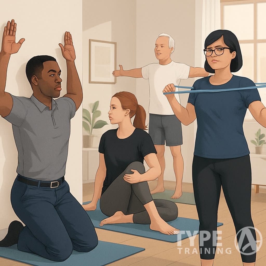 A group of people doing posture-improving exercises at home in a bright room with workout mats and minimal furniture.