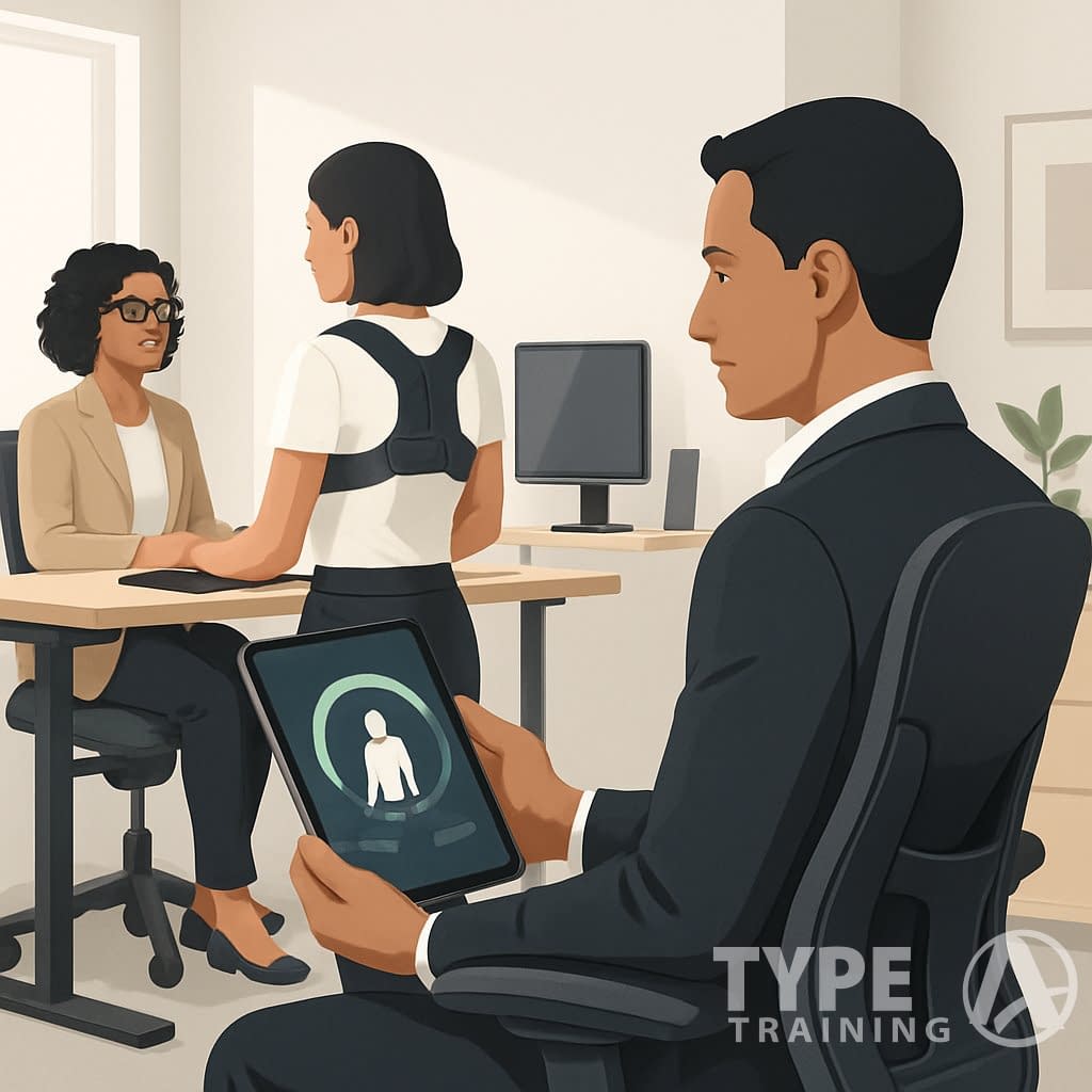 A group of professionals in an office using posture training tools including an ergonomic chair, a wearable device, and a posture tracking app on a tablet.