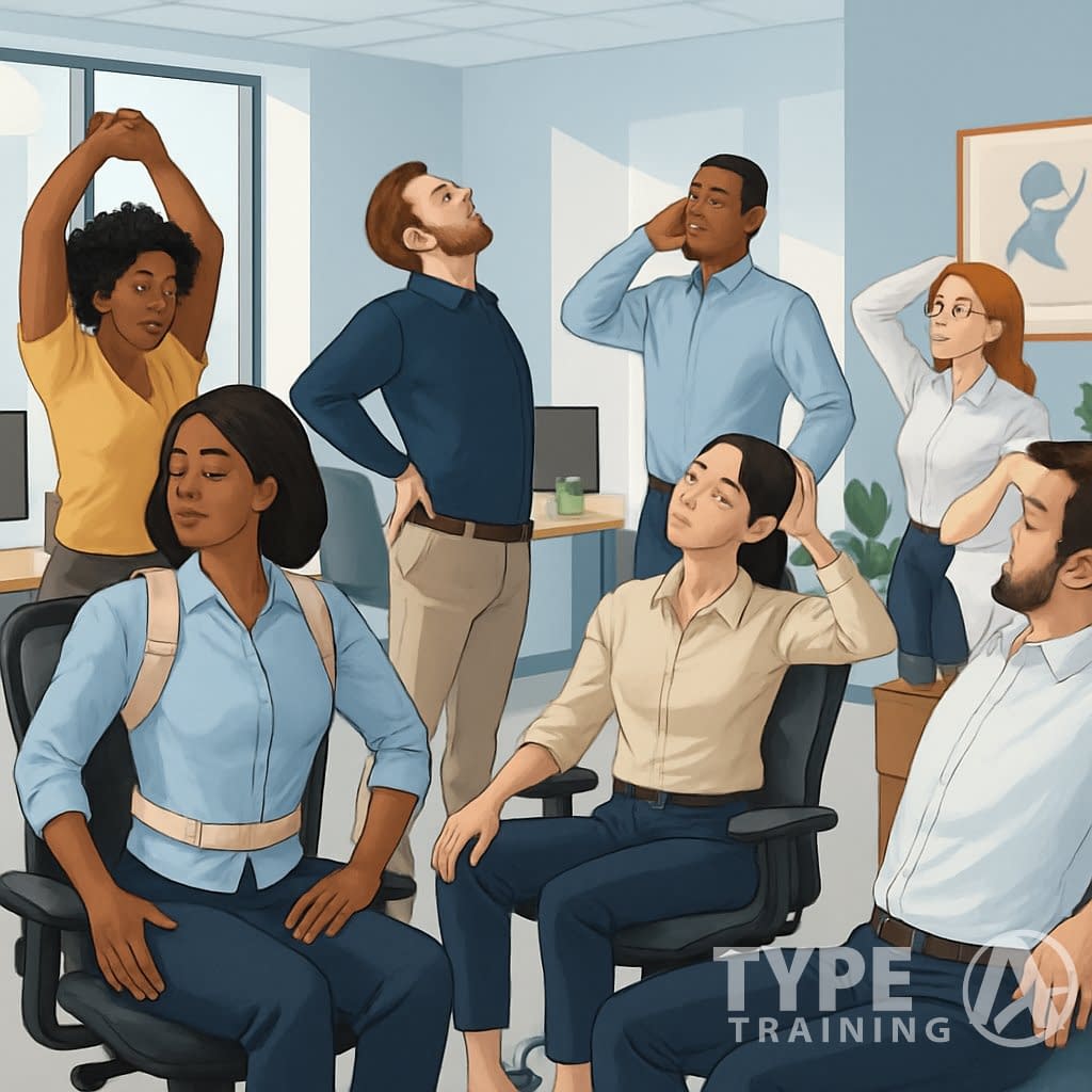 A group of busy professionals in an office performing posture exercises and stretches to improve their posture.