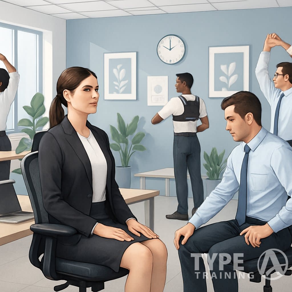 A group of professionals in an office practicing good posture and using ergonomic furniture and devices to improve their sitting and standing positions.
