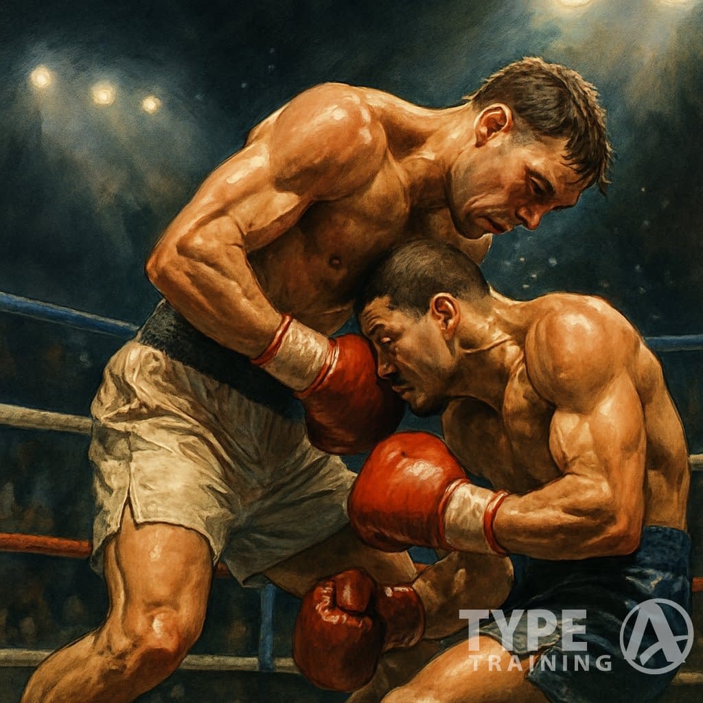 Two boxers in a ring, with a shorter boxer delivering an uppercut to a taller opponent at close range.