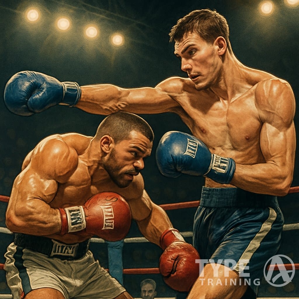 A shorter boxer skillfully fights inside against a taller opponent in a boxing ring, both focused and engaged in an intense match.