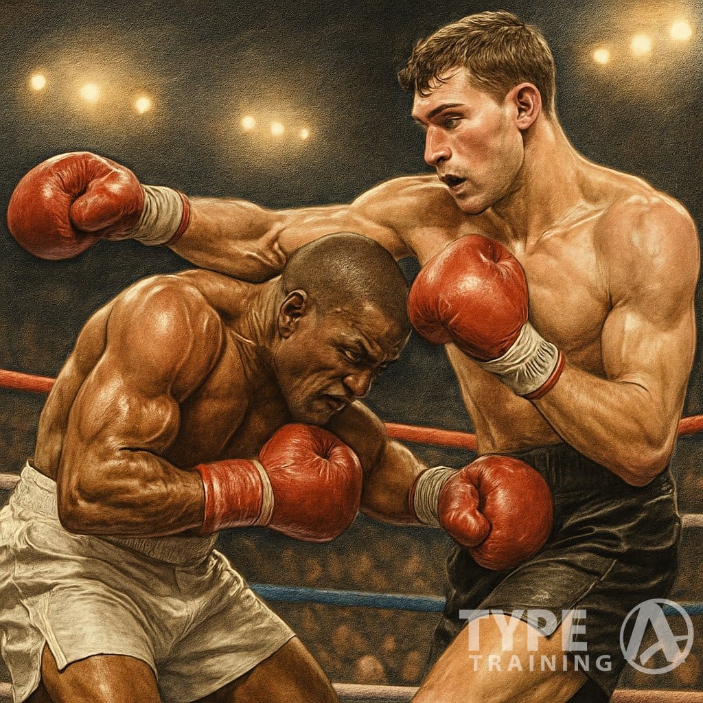 Two boxers inside a boxing ring, with a shorter boxer fighting closely against a taller opponent, both engaged in an intense match.