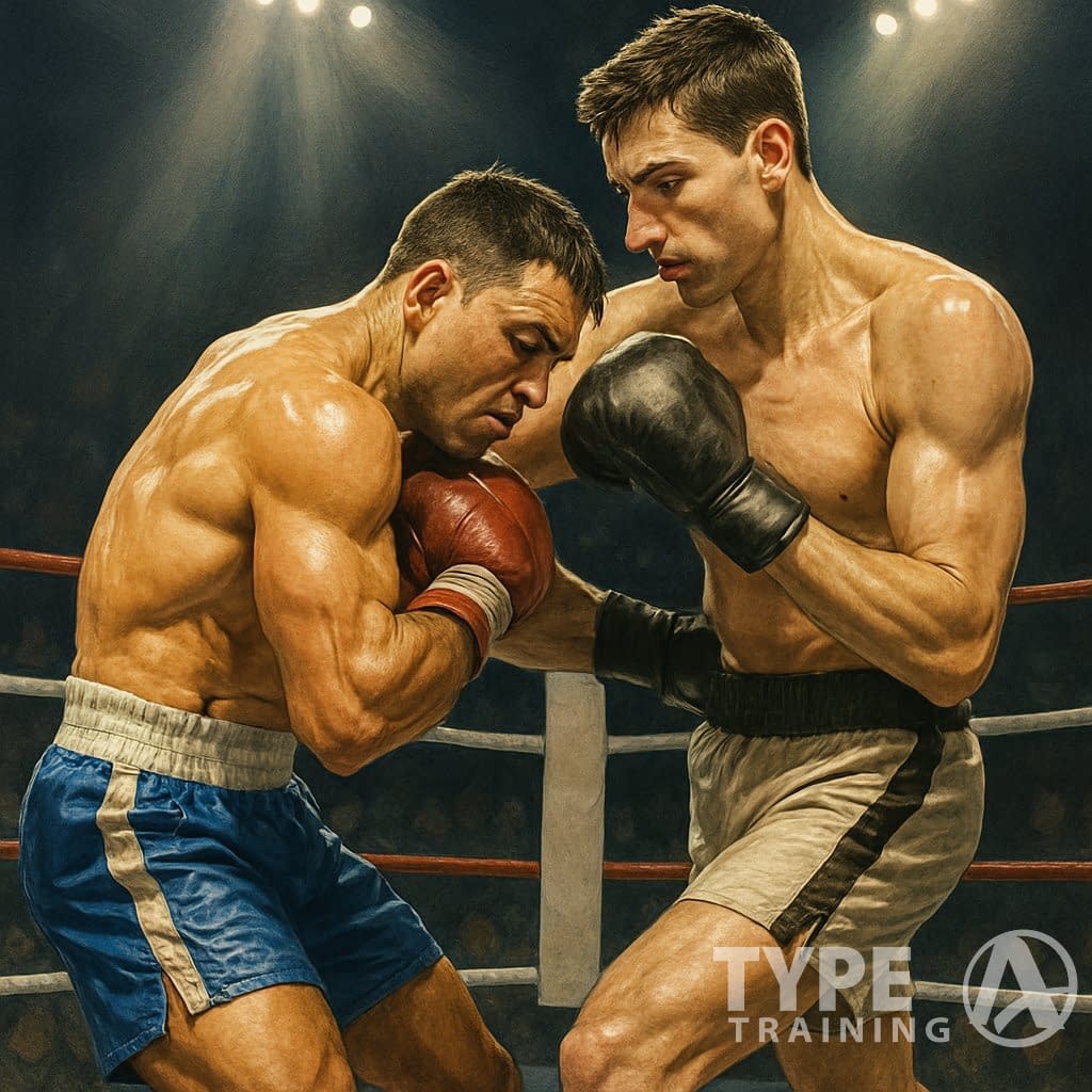 Two male boxers engaged in close-range fighting inside a boxing ring, with a shorter boxer skillfully getting inside against a taller opponent.