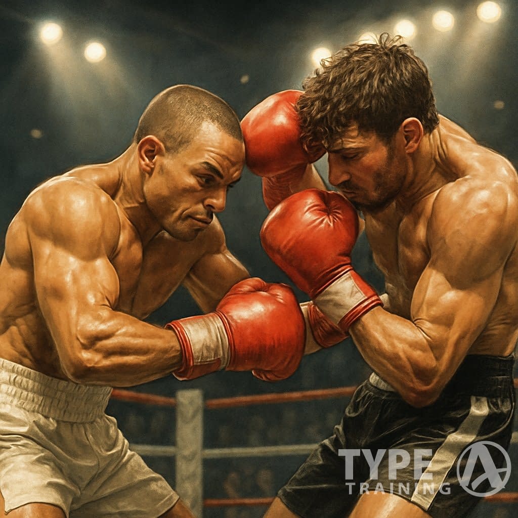Two boxers in a ring, with a shorter boxer delivering a counter punch to a taller opponent during close-range combat.