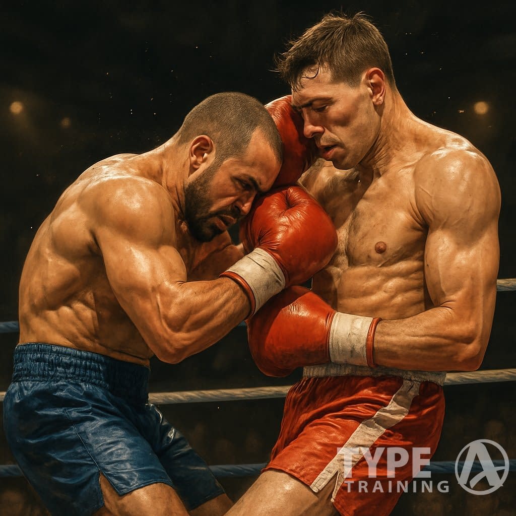 Two boxers in a ring engaged in close-range combat, with a shorter boxer attacking inside against a taller opponent.