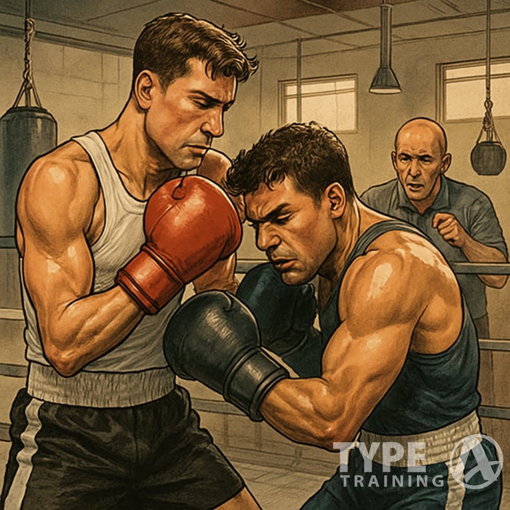 Two boxers in a gym ring practicing close-range fighting, with a shorter boxer slipping a punch and countering a taller opponent, while a coach watches nearby.