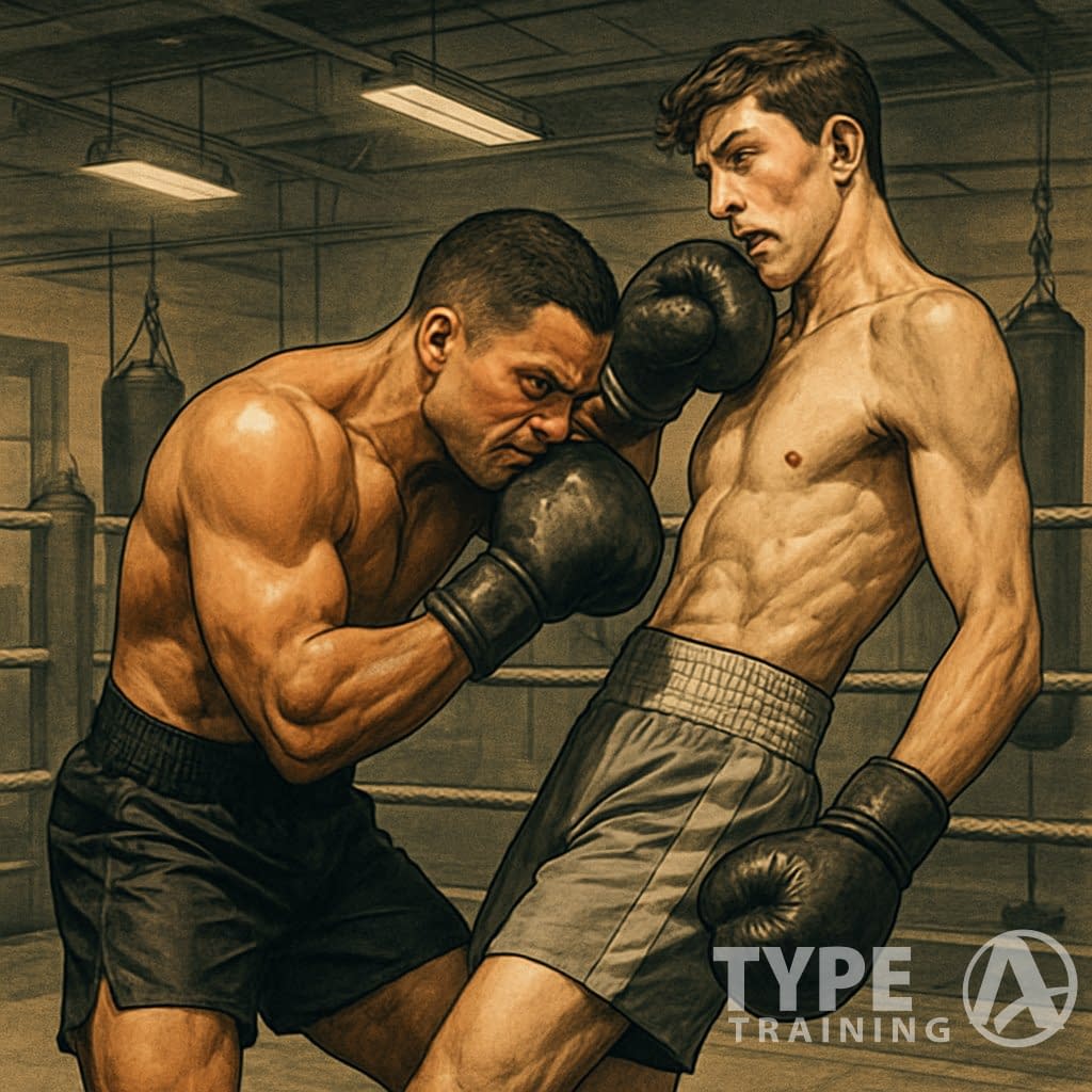 Two male boxers in a gym ring, with a shorter boxer delivering a close-range punch to a taller opponent during training.