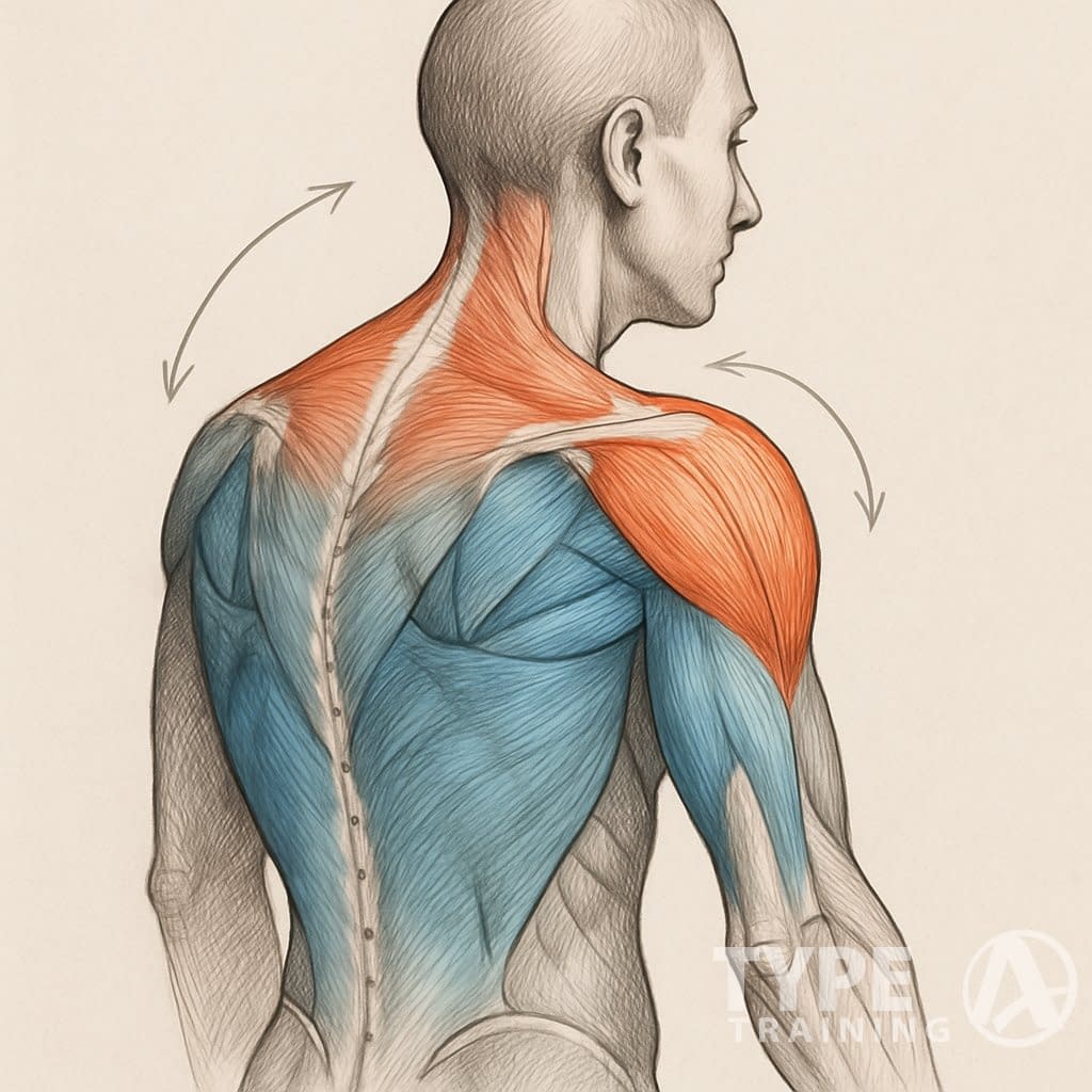 An anatomical illustration of a person’s upper back and shoulders showing muscle imbalances causing rounded shoulders, with one side highlighting tight muscles in warm colors and weak muscles in cool colors.