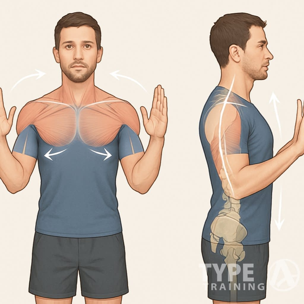 A person performing exercises to correct rounded shoulders, showing proper posture with shoulders pulled back and spine aligned.