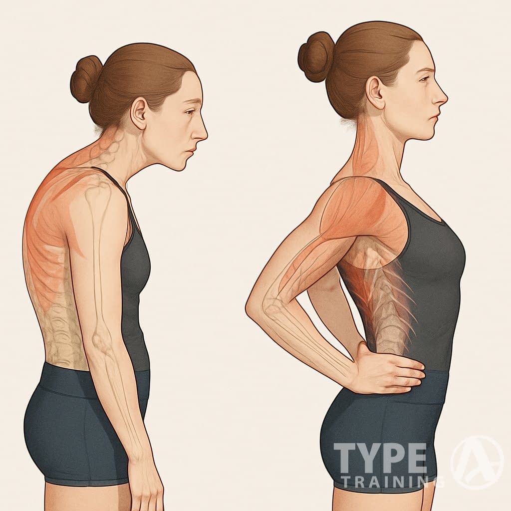A person performing exercises to correct rounded shoulders, shown from the side with improved posture and clear focus on shoulder and back alignment.