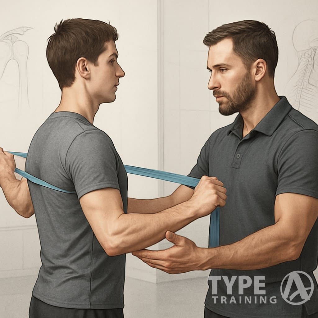 A fitness trainer guiding a person through exercises to improve posture and correct rounded shoulders in a gym setting.