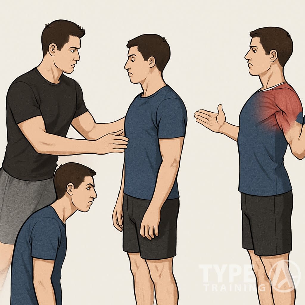 A fitness trainer guiding a person through exercises to correct rounded shoulders, showing before and after posture views.