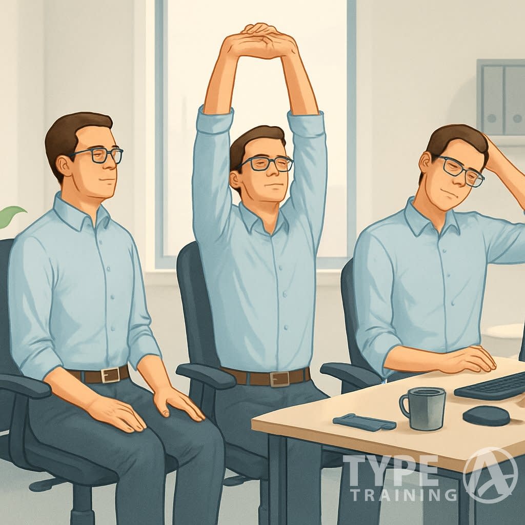 An office worker doing simple posture exercises at their desk in a modern office setting.