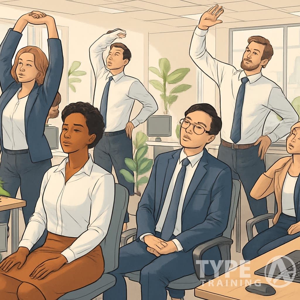 A group of professionals in an office performing quick posture exercises at their desks and in open spaces.