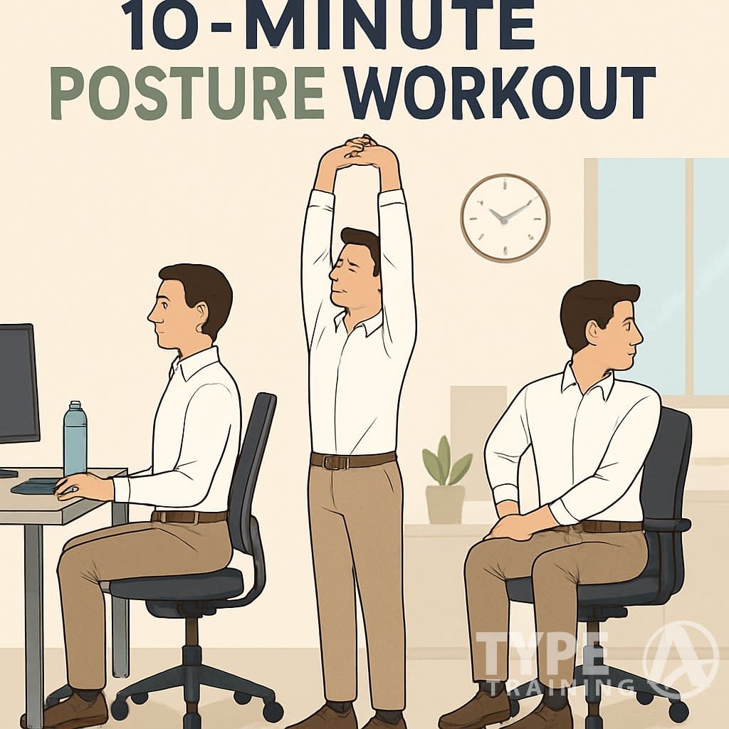 An office worker performing posture exercises at their desk and standing, demonstrating a short workout routine in a modern office.