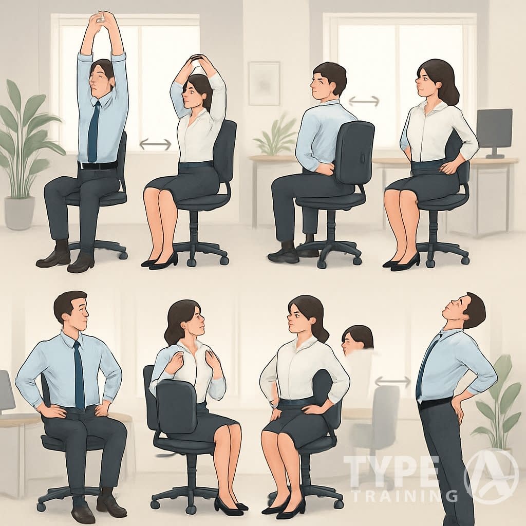 Two office workers performing a series of posture exercises in a bright modern office, demonstrating stretches and movements to improve posture.