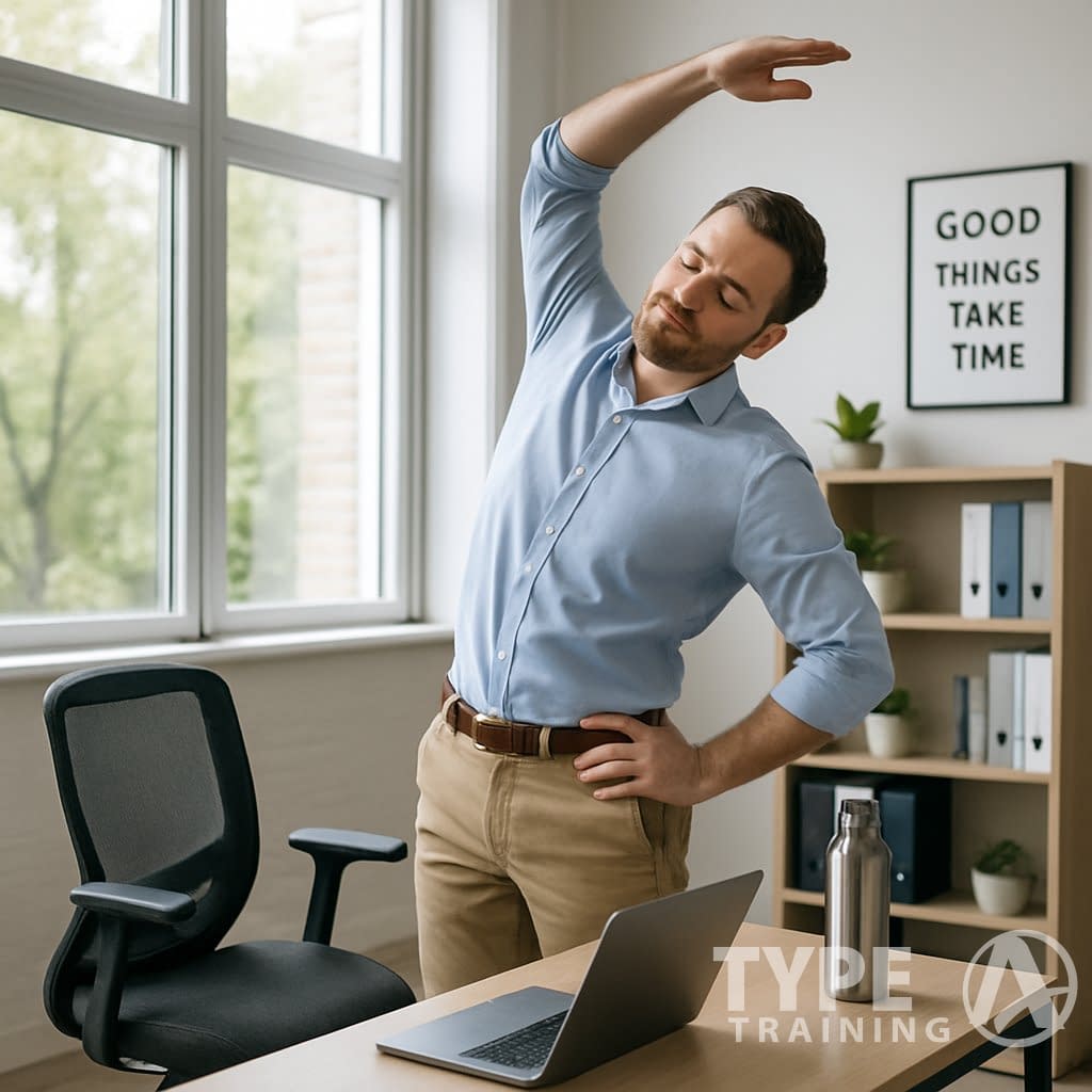 A person in business casual clothes stretching next to their office desk with a laptop and chair, in a bright office with windows and plants.
