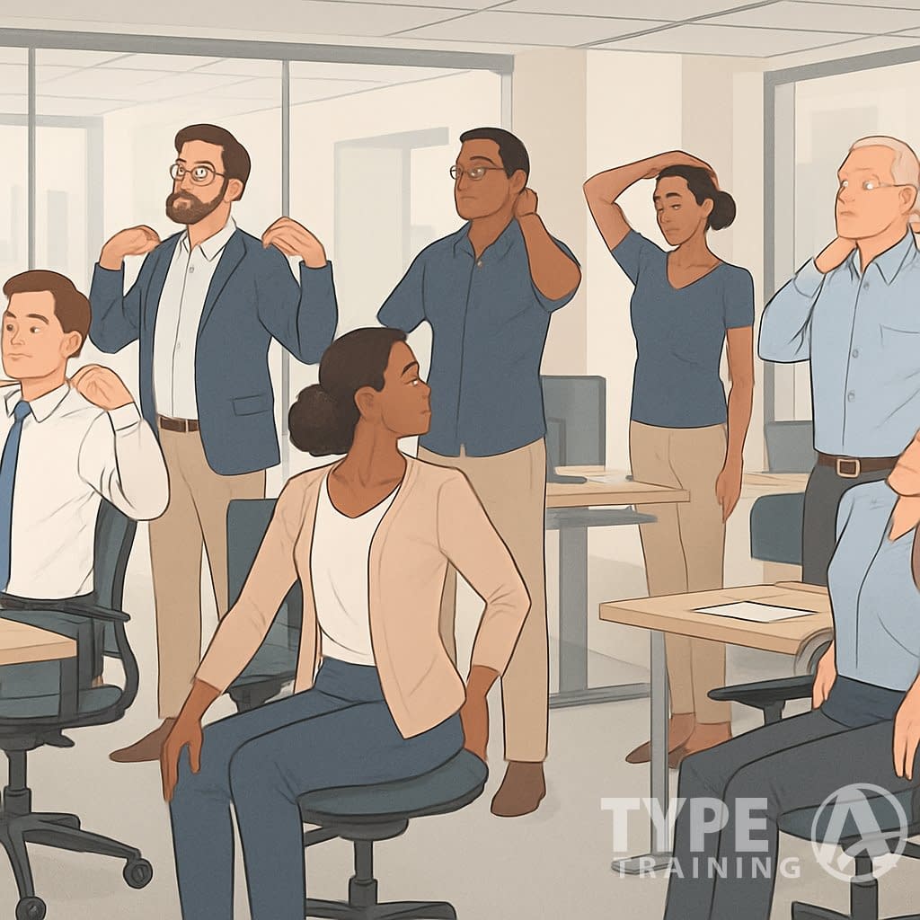 A group of office workers performing simple posture exercises at their desks in a modern workspace.