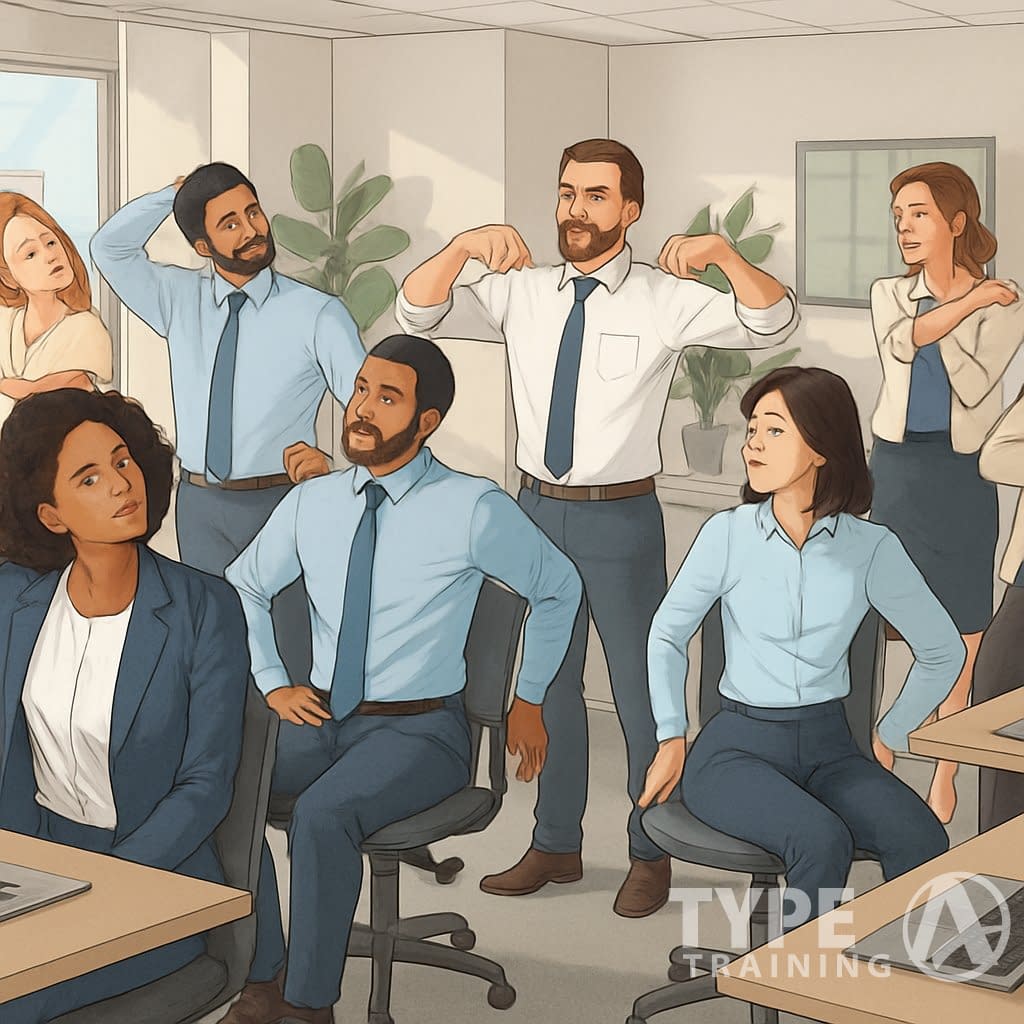 A group of diverse professionals in an office doing quick posture exercises at their desks and in an open space.
