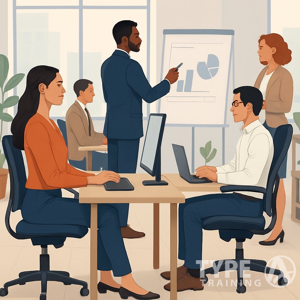 A group of professionals working in an office, all maintaining good posture while sitting and standing.