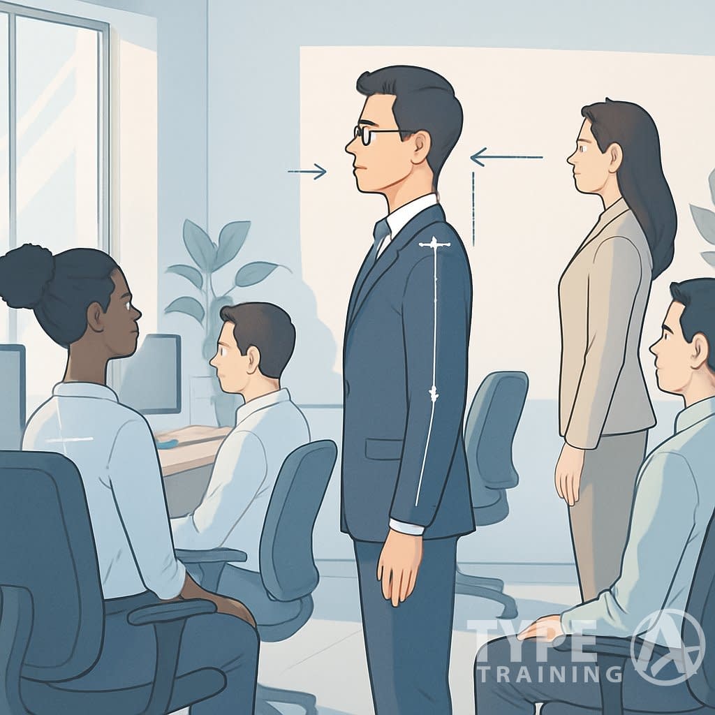 A group of professionals in an office practicing correct posture techniques with one person demonstrating upright posture and others following along.