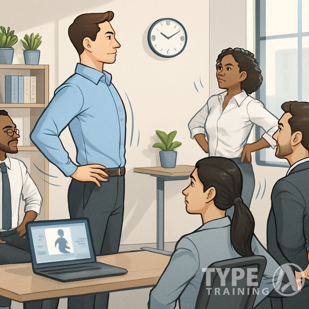 A group of professionals in an office practicing posture exercises with ergonomic furniture and a clock showing limited time.