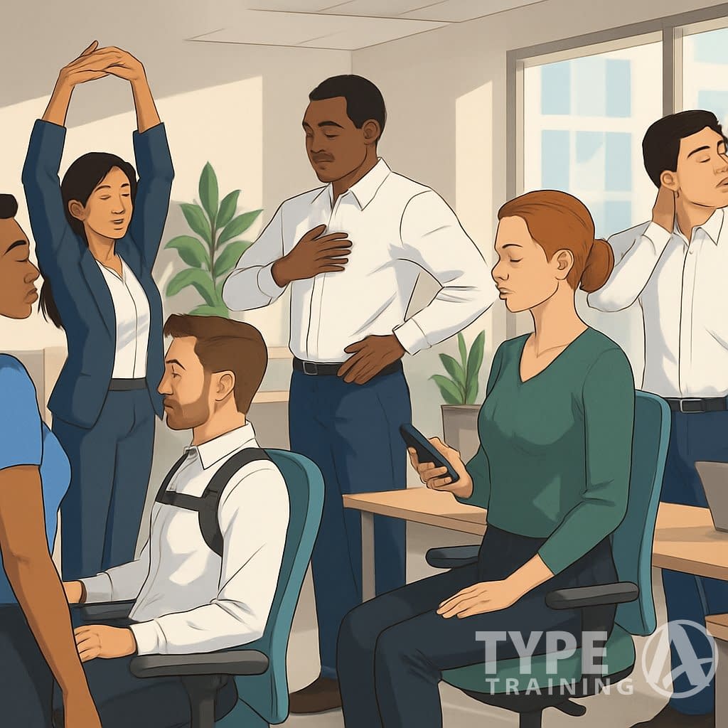 A group of professionals in an office practicing posture exercises with good alignment while working at their desks.