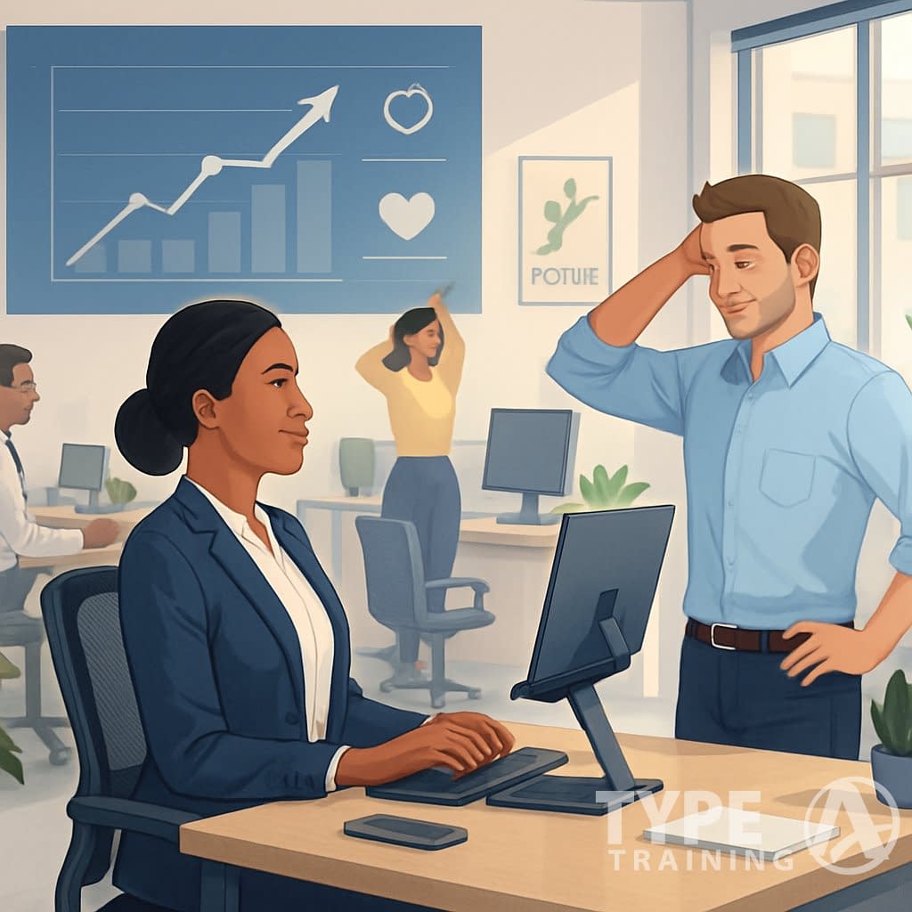 Office scene showing professionals practicing good posture and stretching exercises with a progress tracker in the background.