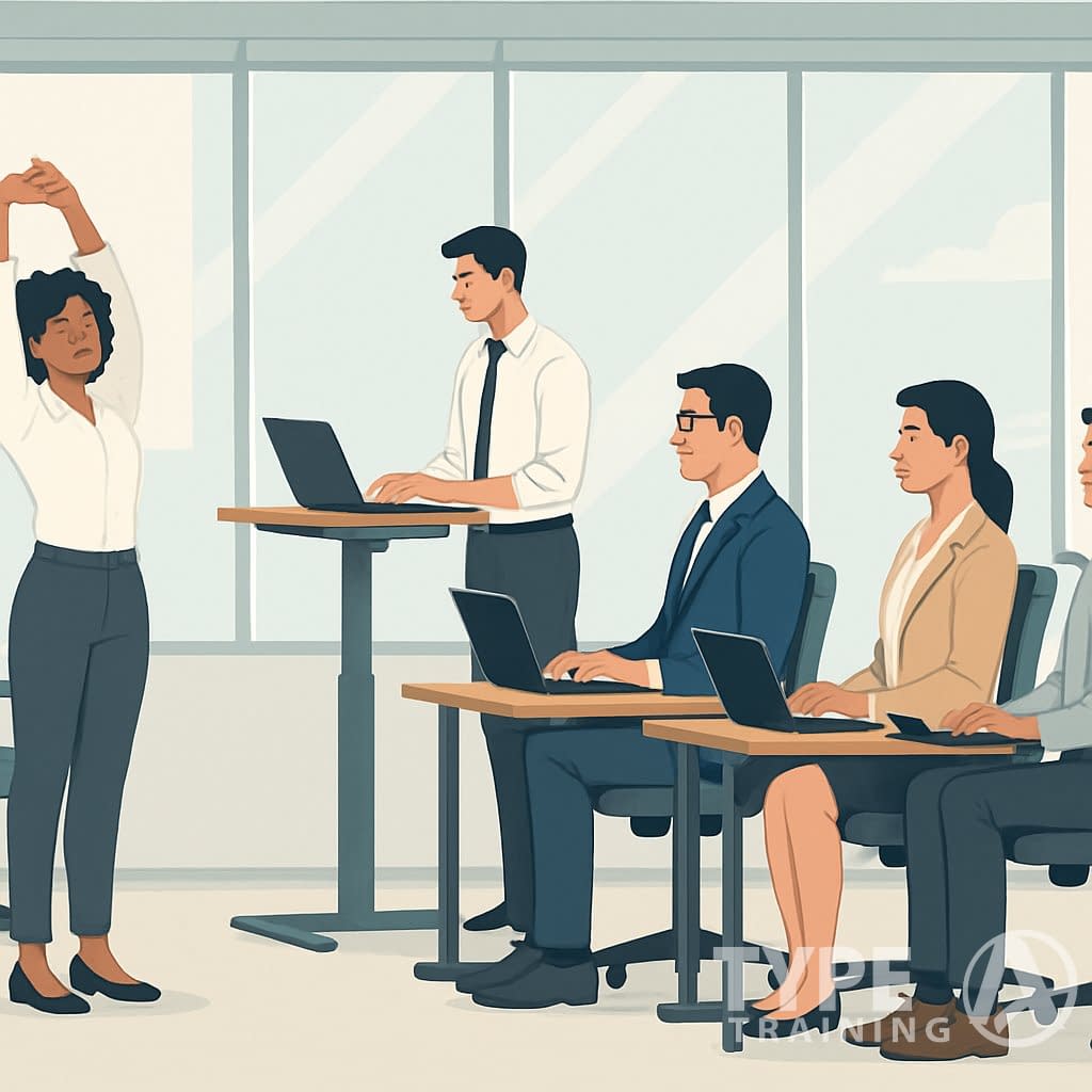 A group of professionals in an office practicing good posture and stretching while working at desks.
