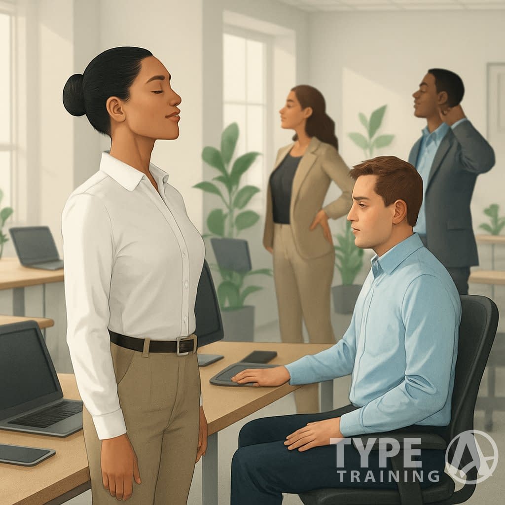 Several office workers in a modern workspace are checking and adjusting their posture while working at desks.